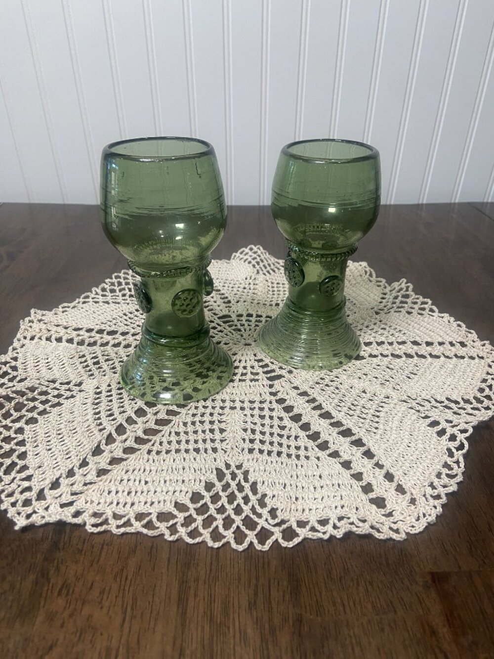Vintage Green Roemer Style Wine Glasses Set of 2 Applied Prunts Threaded Foot